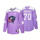 Maglia Hockey Columbus Blue Jackets Joonas Korpisalo Autentico 2018 Fights Cancer Viola
