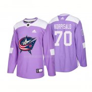 Maglia Hockey Columbus Blue Jackets Joonas Korpisalo Autentico 2018 Fights Cancer Viola