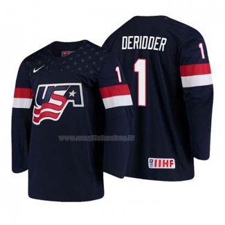 Maglia Hockey USA Drew Deridder 2018 Iihf World Championship Giocatore Blu