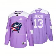 Maglia Hockey Columbus Blue Jackets Cam Atkinson Autentico 2018 Fights Cancer Viola