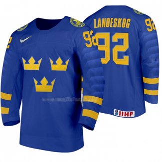 Maglia Hockey Suecia Gabriel Landeskog Away 2020 Iihf World Junior Championships Blu