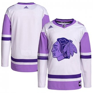 Maglia Hockey Chicago Blackhawks Blank Practice Autentico 2018 Fights Cancer Bianco Viola