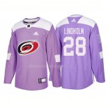 Maglia Hockey Carolina Hurricanes Elias Lindholm Autentico 2018 Fights Cancer Viola
