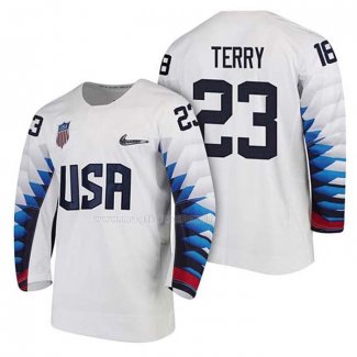 Maglia Hockey USA Troy Terry 2018 Olympic Bianco